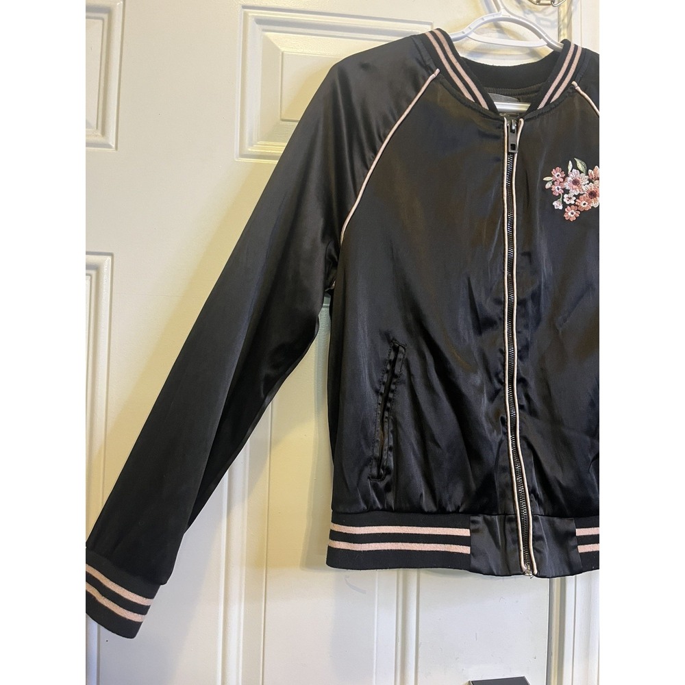 Black Satin Embroidered Peacock Cherry Blossom Bomber Jacket XL Ashley Coquette - Picture 4 of 11